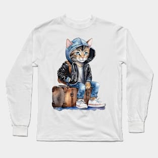 cute street cat wearing a jacket hoodie sitting on a suitcase Long Sleeve T-Shirt